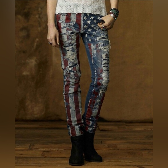 Ralph Lauren  Denim  & Supply Blue Jeans Denim Pants Distressed USA Flag RARE - Picture 11 of 16